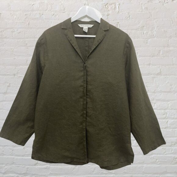 Max Studio Shirt Size M 100% Linen Olive Green Button Front 3/4 Sleeve - Picture 12 of 13